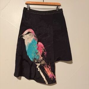 Leifsdottir for Anthropologie Watercolor Bird Print Asymmetrical Silk Skirt SZ 8